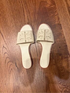 Tory Burch Ivory Logo Slide Sandals